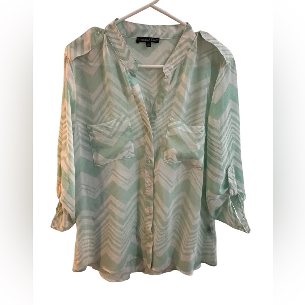 3/4 Sleeve Sheer V-Neck Button Down Blouse